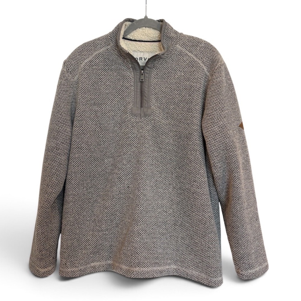 Orvis Mens Gray Sherpa Lined Quarter Zip Pullover Textured Fleece Jacket Large